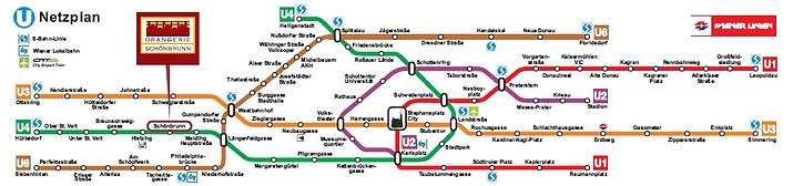 Netzplan der Wiener U-Bahn, Orangerie Schloss Schönbrunn eingezeichnet, so kommen Sie zu uns ins Konzert