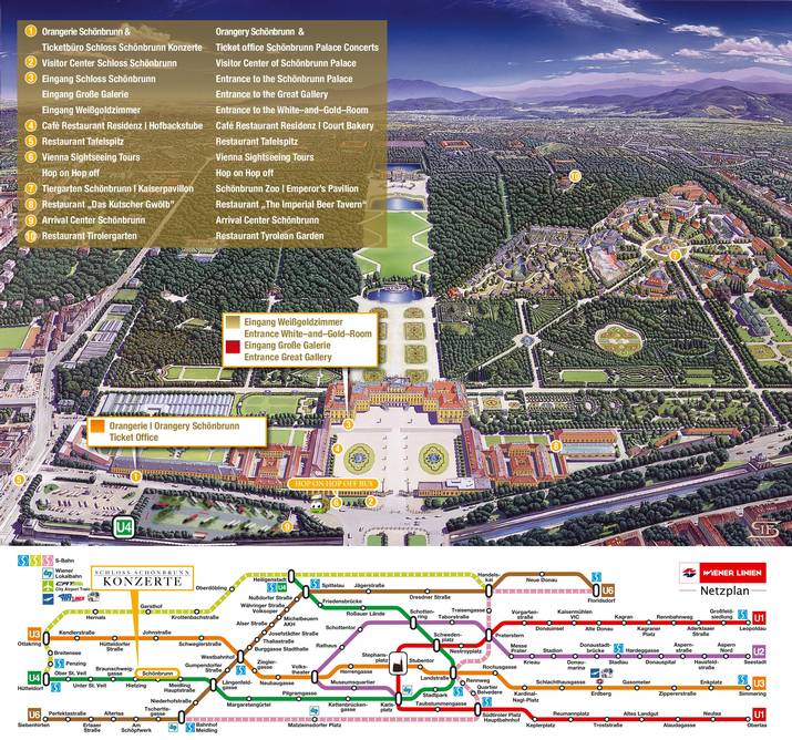 Der Lageplan zeigt das Schloss Schönbrunn. Im linken Flügel der Orangerie sind die Schloss Schönbrunn Konzerte eingezeichnet wo jeden Abend das klassische Konzert stattfindet. Darunter finden Sie den U-Bahn-Plan mit der Ausstiegsstelle zum Konzert.