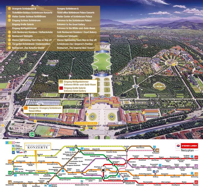 Der Lageplan zeigt das Schloss Schönbrunn. Im linken Flügel der Orangerie sind die Schloss Schönbrunn Konzerte eingezeichnet wo jeden Abend das klassische Konzert stattfindet. Darunter finden Sie den U-Bahn-Plan mit der Ausstiegsstelle zum Konzert.