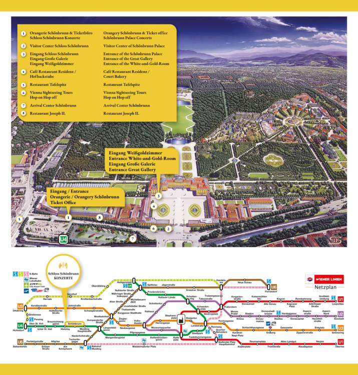 Le plan montre le château de Schönbrunn. Les concerts au château de Schönbrunn sont localisés dans l'aile gauche de l'Orangerie, où le concert classique a lieu chaque soir. Vous trouvez en-dessous le plan du métro avec la station où il faut descen
