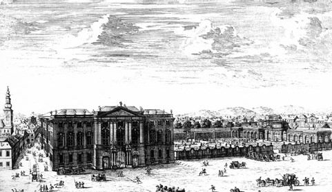 Una vecchia illustrazione, si vedono gli edifici e le persone